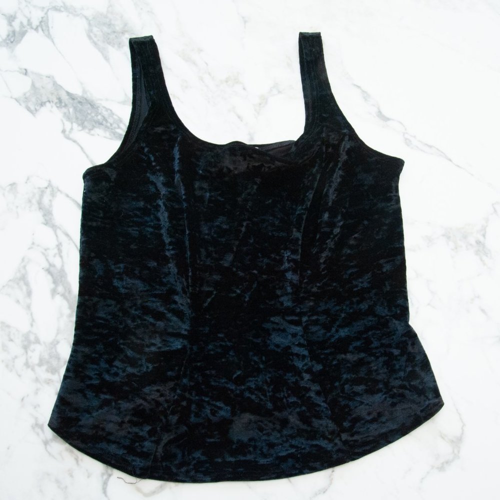 Ladies Vintage Black Crushed Velvet Tank Top Cami Shell Medium with Darts